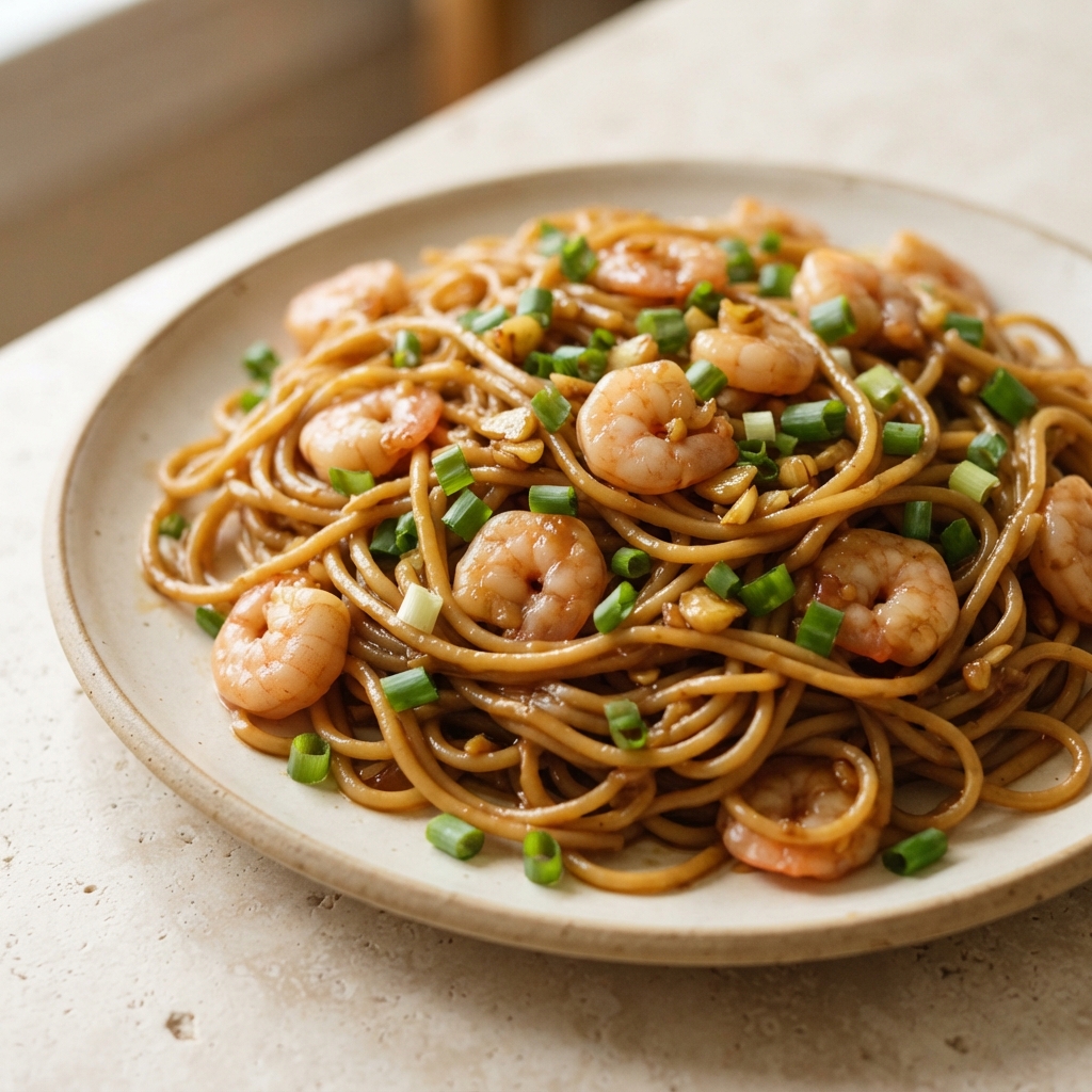 Garlic Shrimp Lo Mein with Hoisin-Soy Sauce