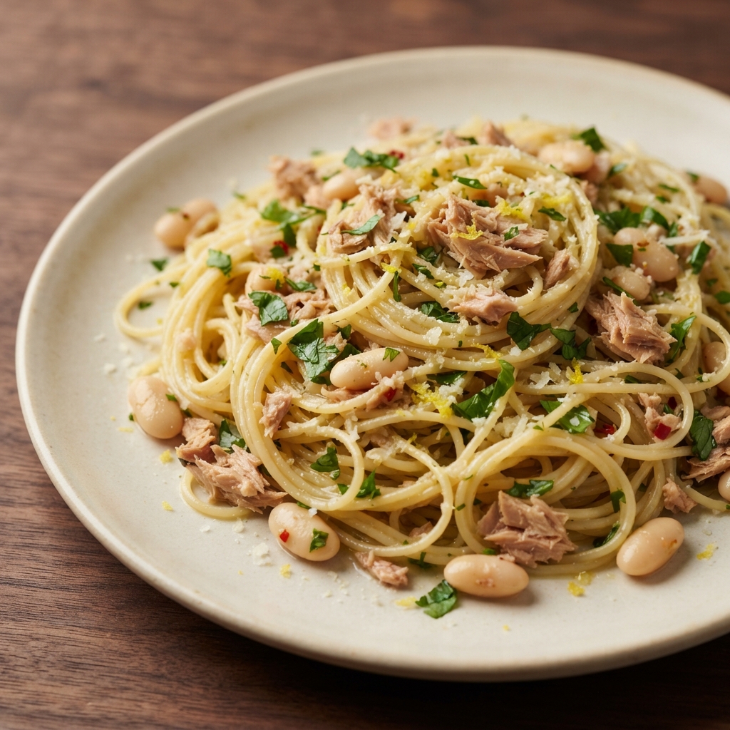 Capellini with Tuna, Lemon, and Cannellini Beans