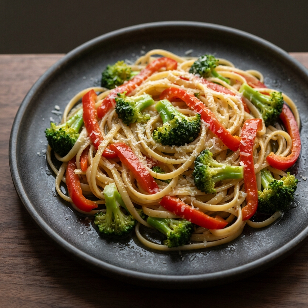 Linguine Tossed with Broccoli and Red Bell Peppers