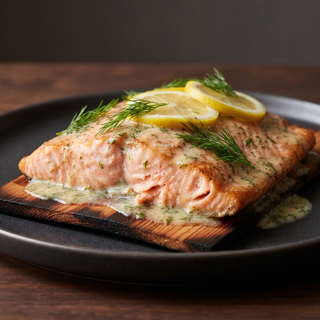 Cedar Plank Smoked Salmon with Garlic-Dill Butter