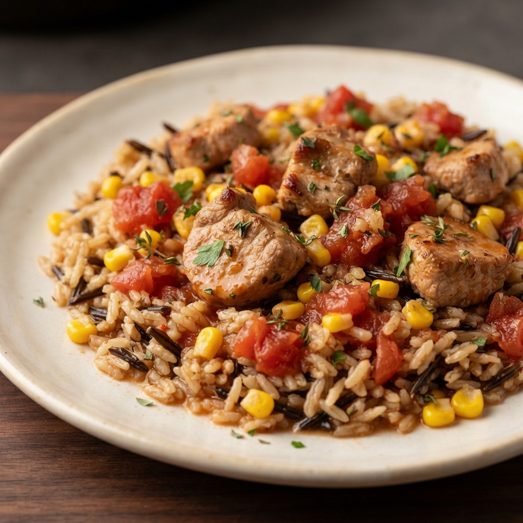 Skillet Pork Chops with Wild Rice and Corn