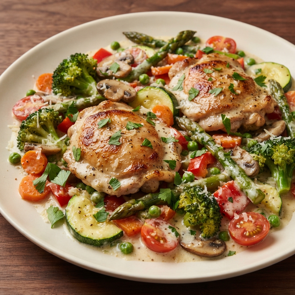 Skillet Creamy Parmesan Chicken with Mixed Vegetables