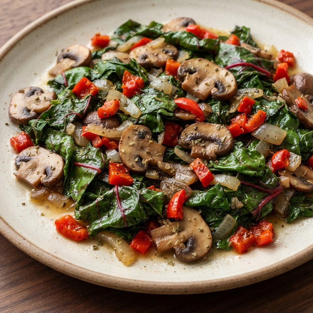 Swiss Chard Sauté with Mushrooms and Roasted Red Peppers