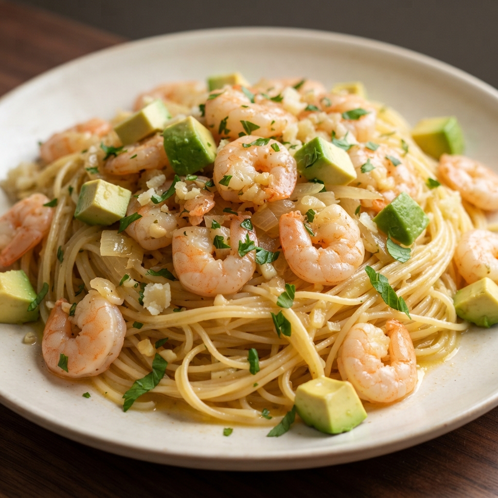 Shrimp Scampi with Angel Hair and Avocado