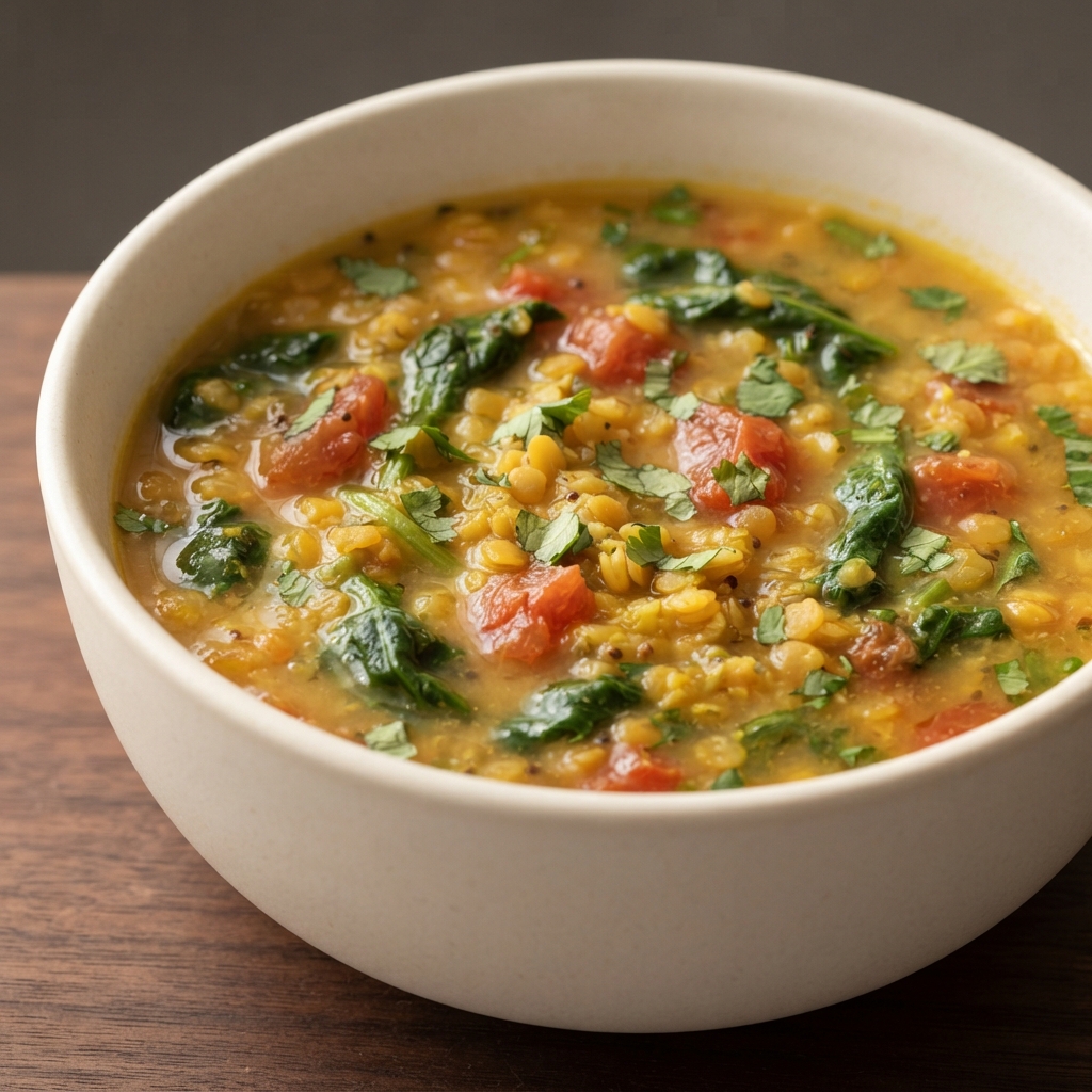 Spinach & Tomato Red Lentil Dal (Indian Soup)