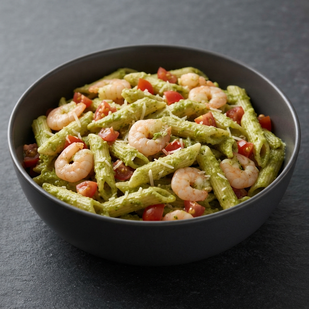Avocado-Basil Pesto Penne with Shrimp