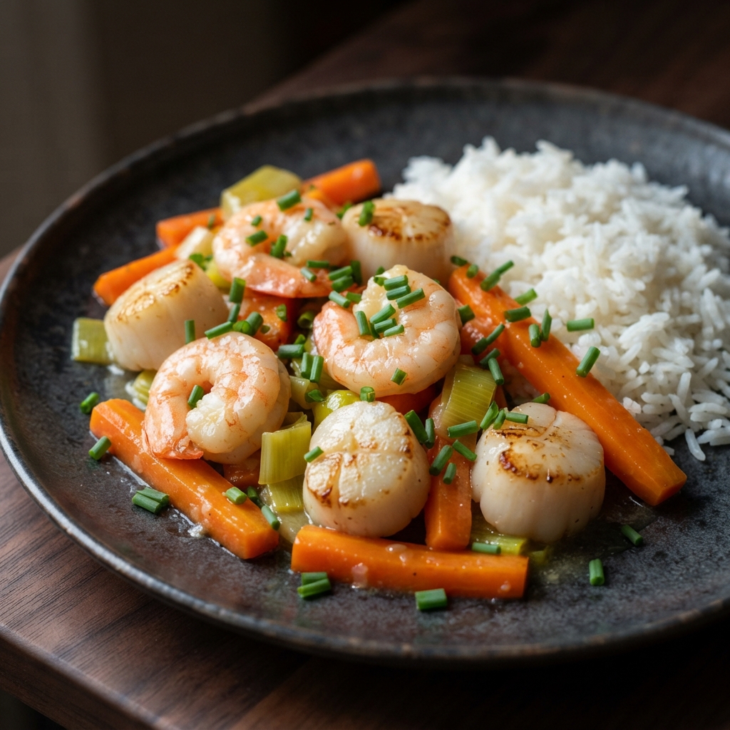 Ginger-Butter King Prawns with Scallops
