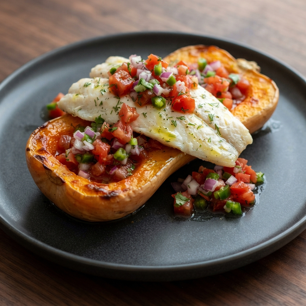 Roasted Butternut Squash and Trout with Fresh Salsa