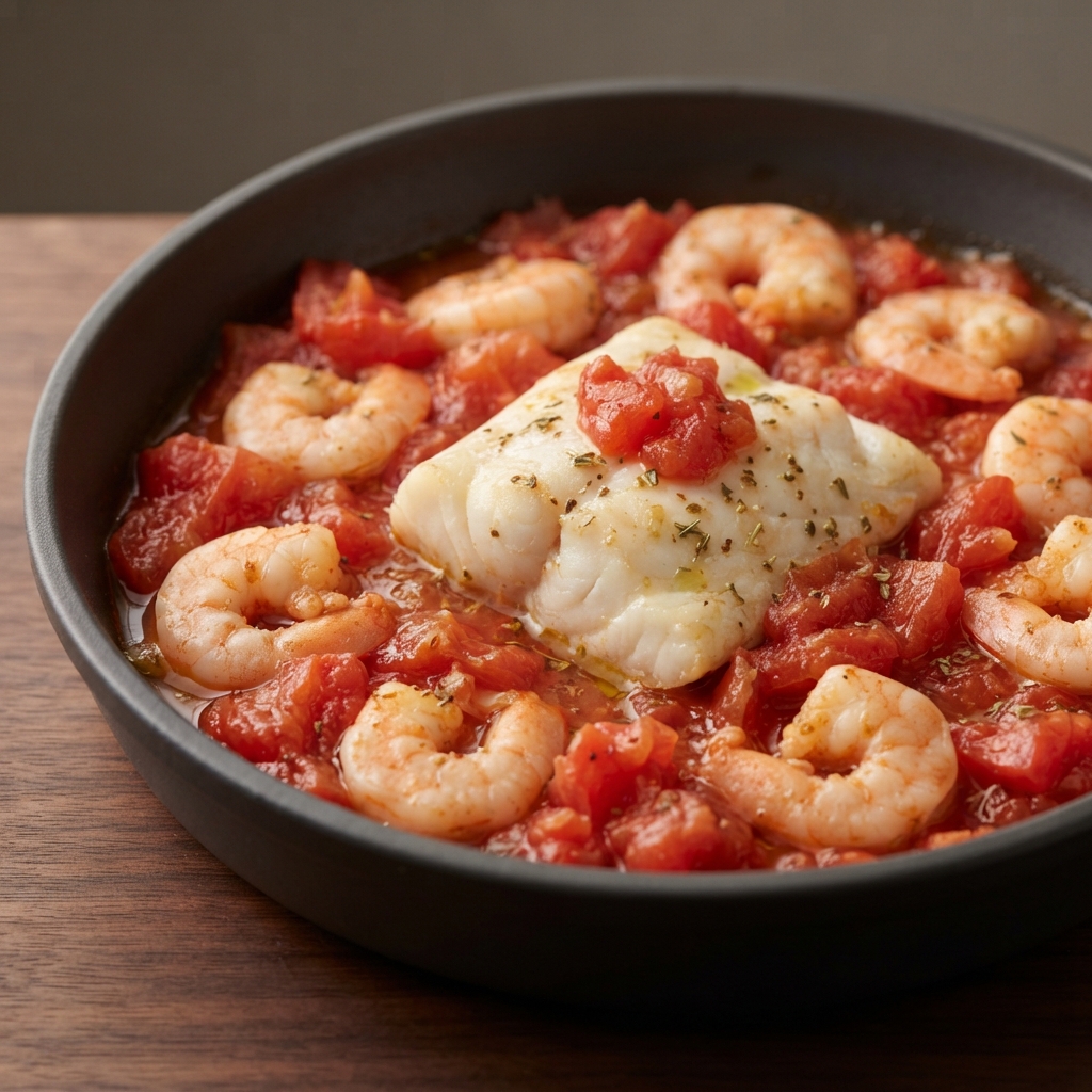 Fresh Tomato Skillet with Alaskan Cod and Shrimp