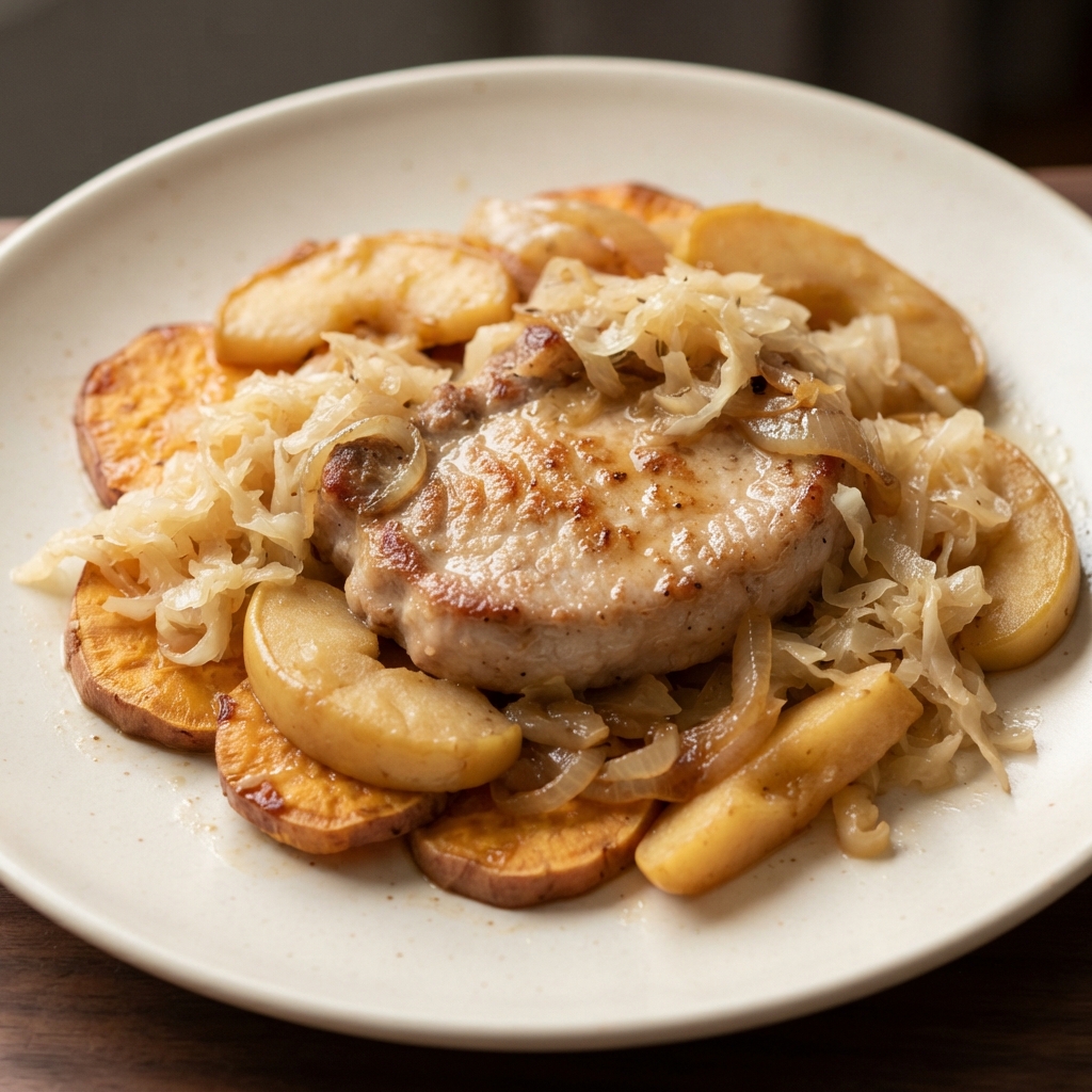 Pork Chops with Apples, Sweet Potatoes & Sauerkraut