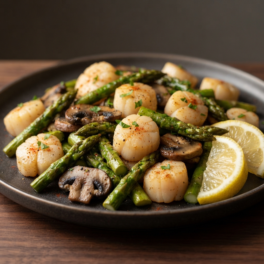 Air-Fried Bay Scallops with Asparagus and Mushrooms