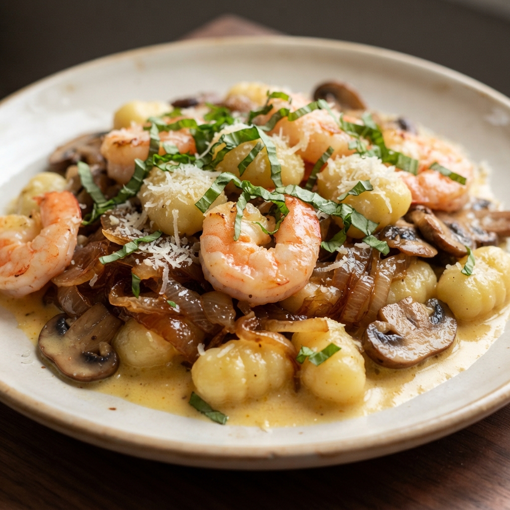Saffron Cream Shrimp with Gnocchi and Caramelized Onions