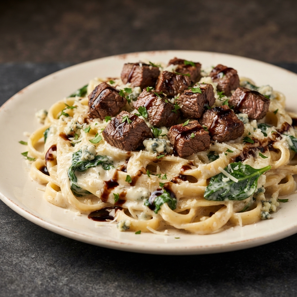 Fettuccine Alfredo with Grilled Flat Iron Steak