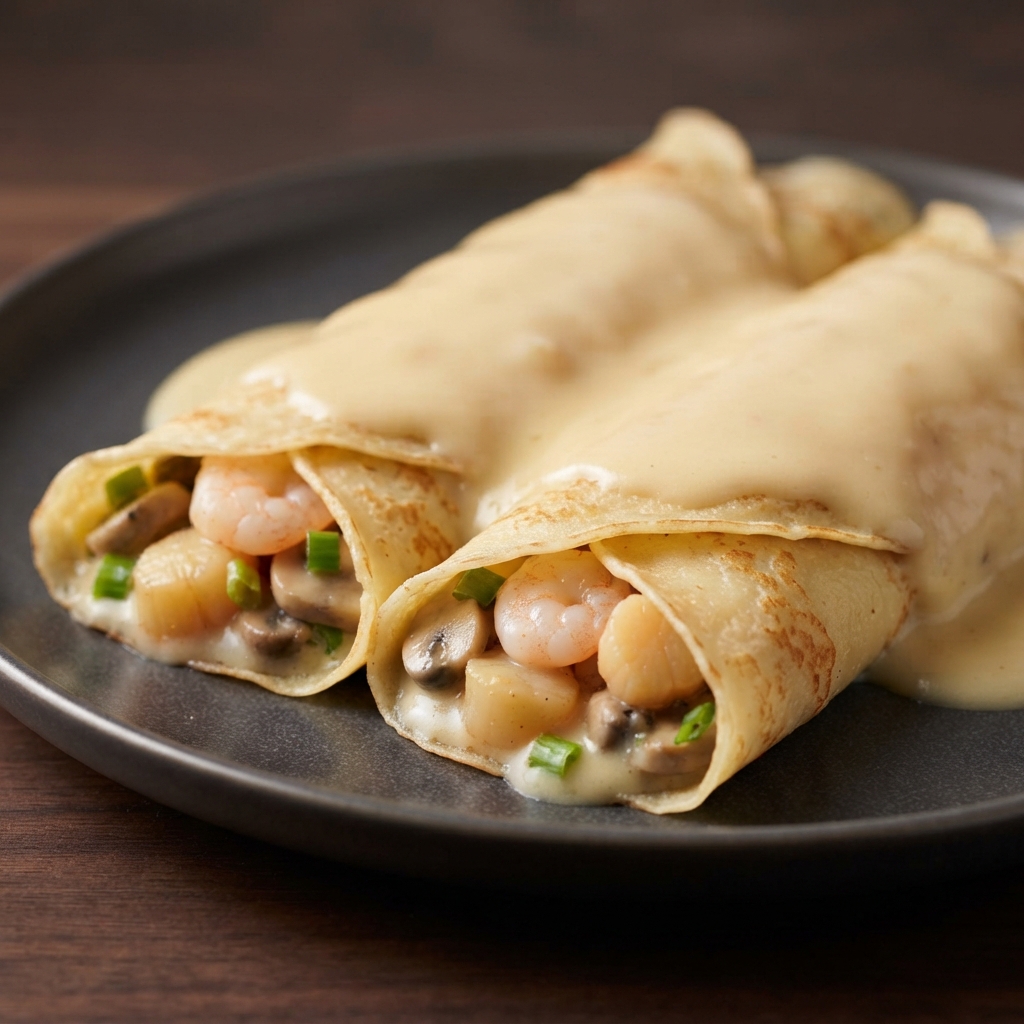 Crepes Filled with Shrimp and Scallops