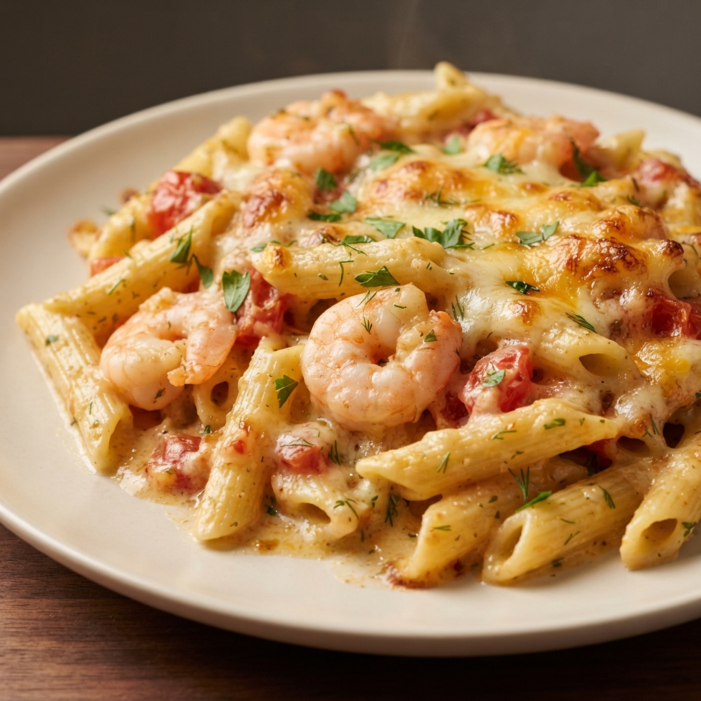 Baked Garlic Shrimp Penne Casserole