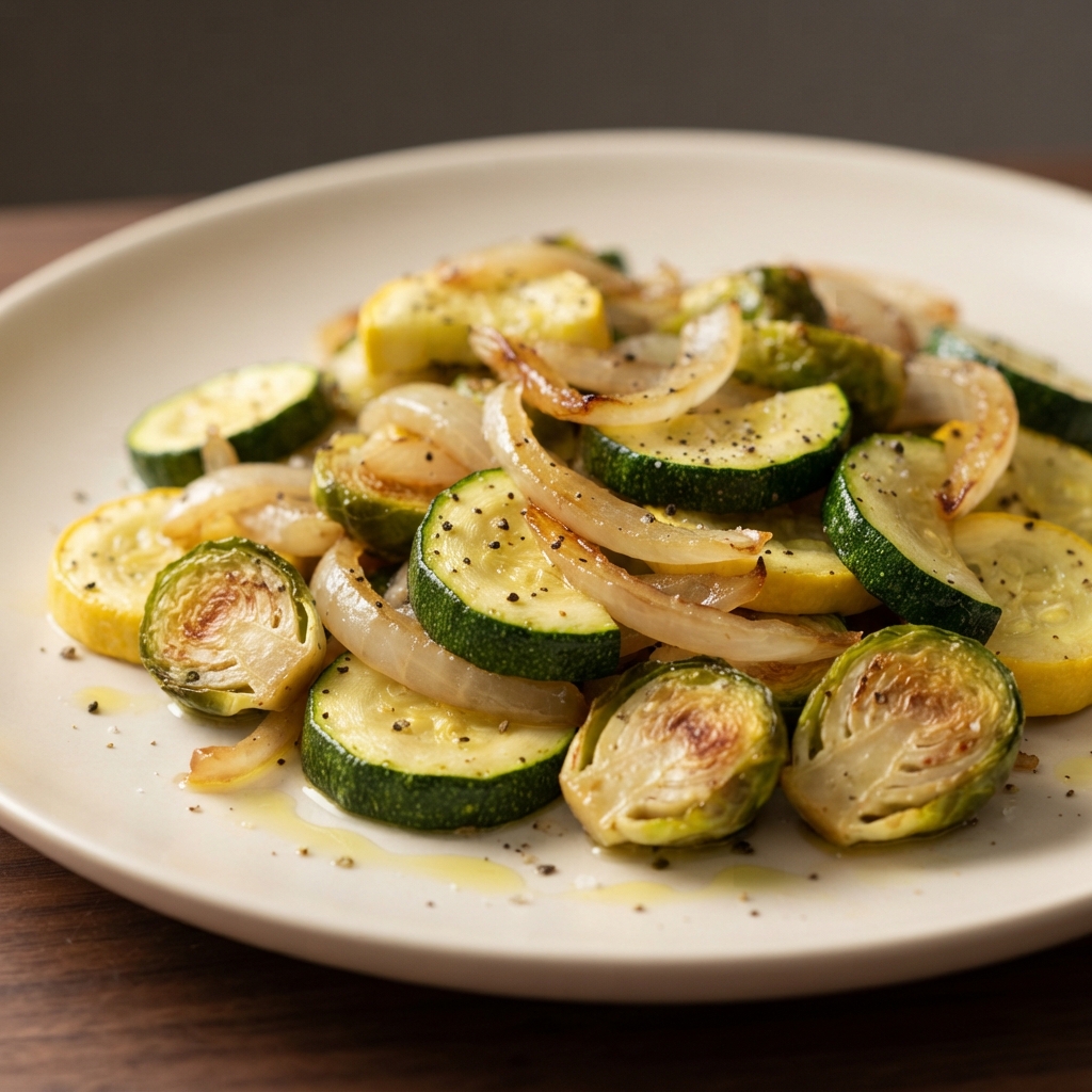 Oven-Roasted Zucchini, Summer Squash, and Brussels Sprouts Medley