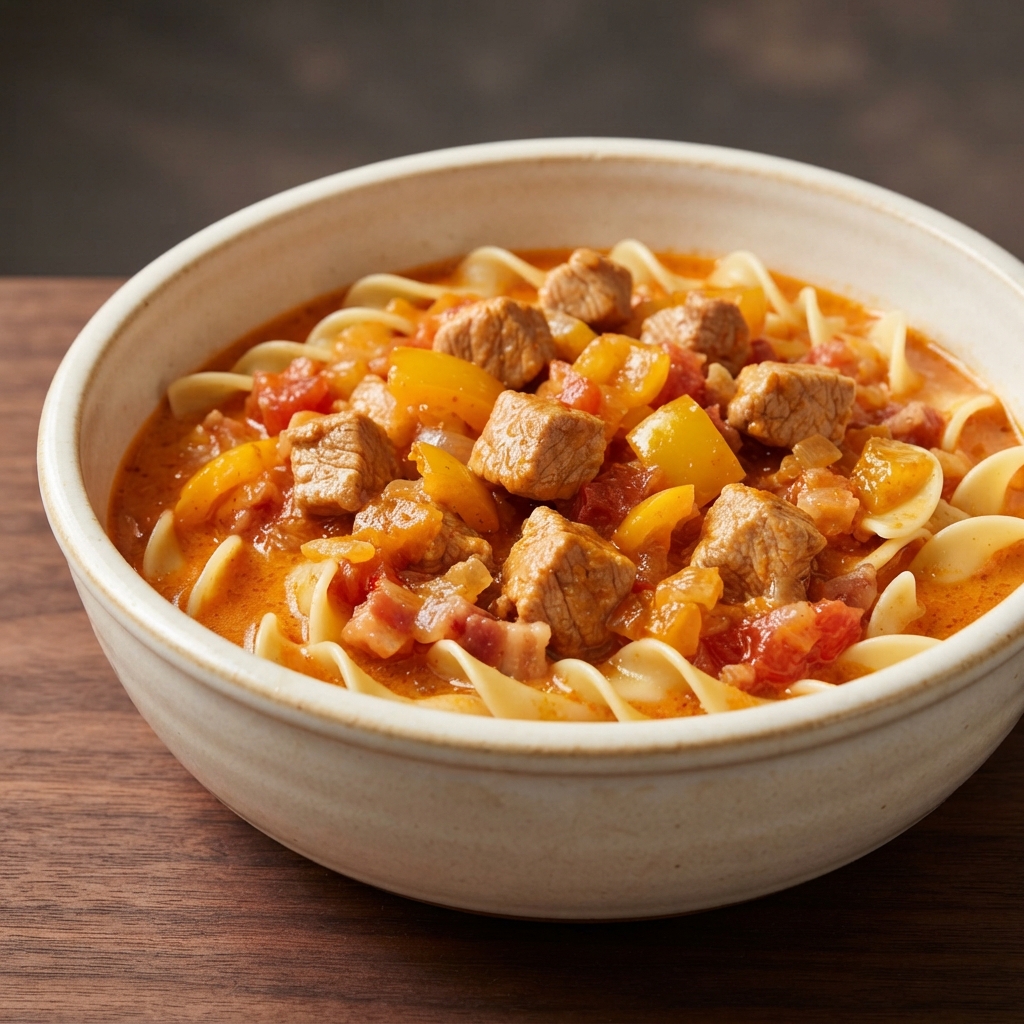 Hungarian Pork Pörkölt Stew with Noodles