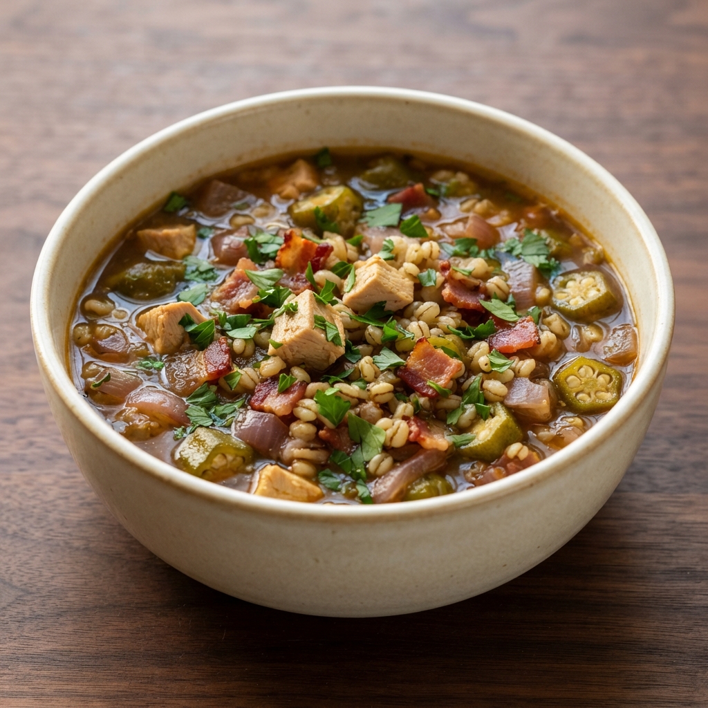 Hearty Turkey, Okra, and Barley Soup with Bacon