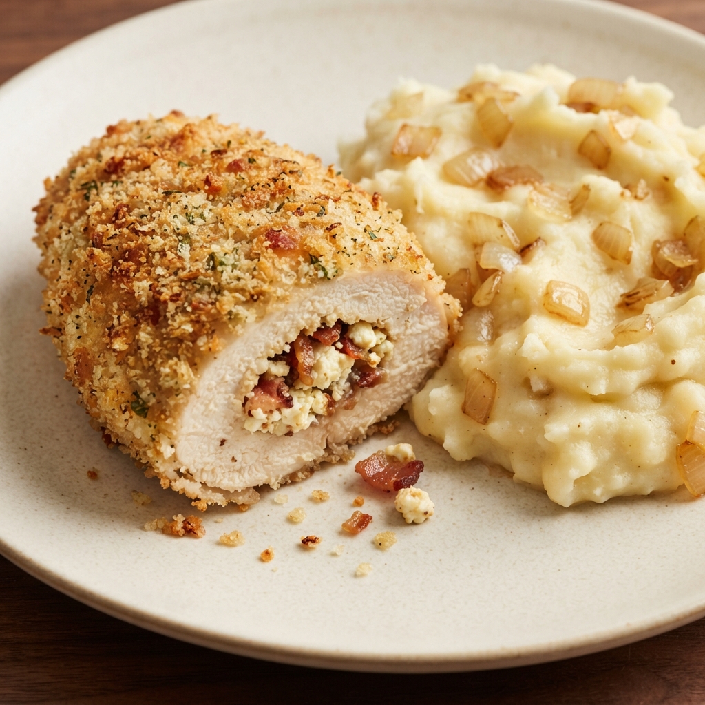 Chicken Stuffed with Feta and Bacon, served with Onion Mashed Potatoes