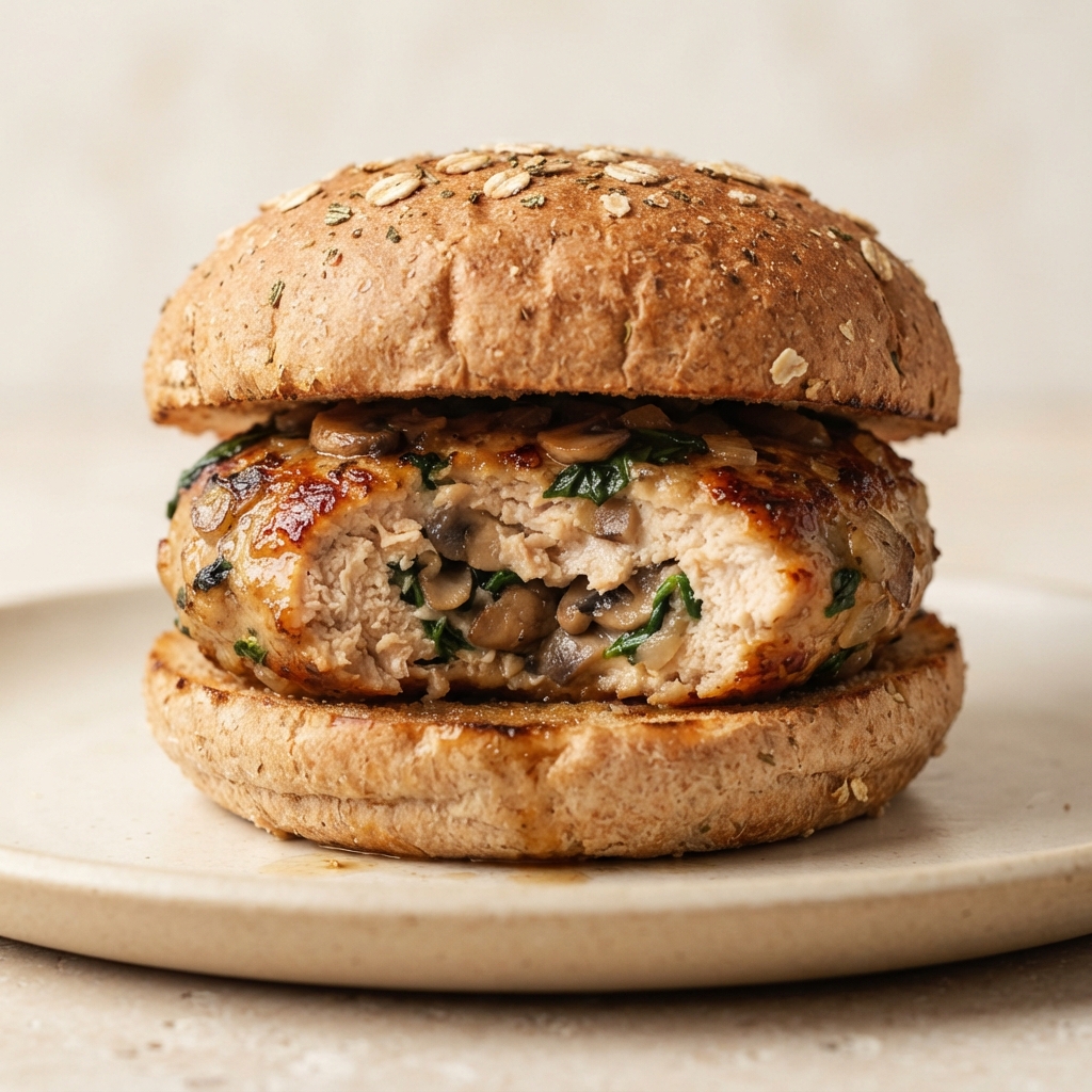 Oven-Baked Chicken Burgers with Mushrooms and Spinach