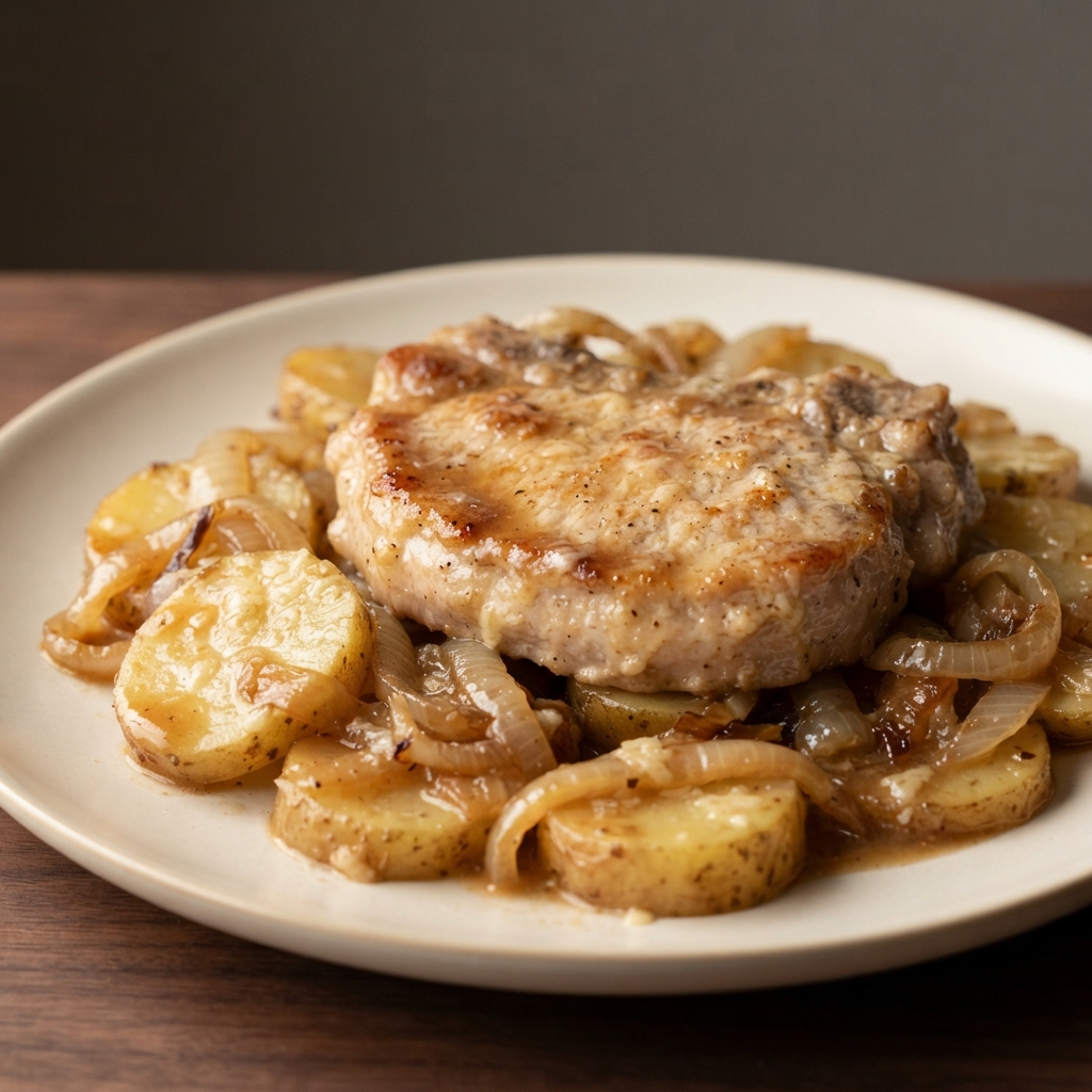 Pan-Seared Pork Chops with Potatoes and Onions