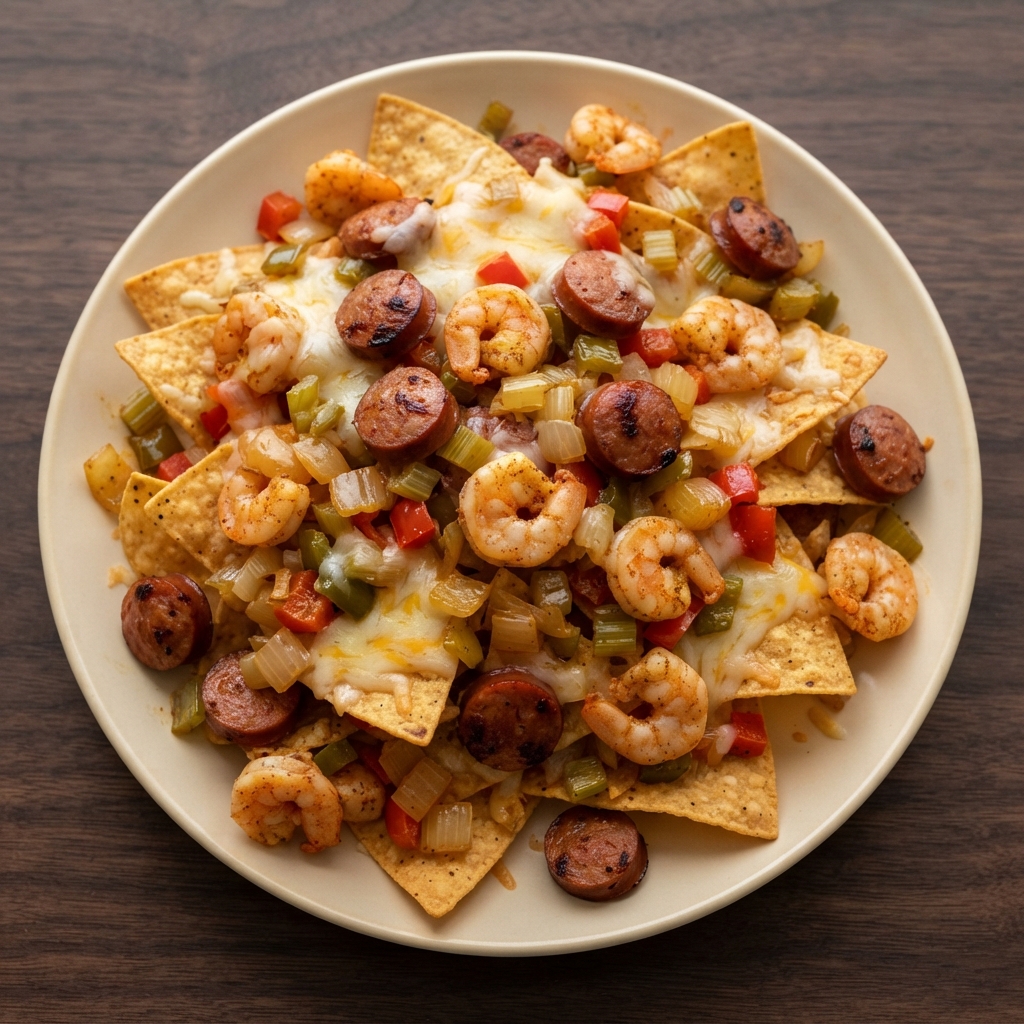 Spicy Cajun Shrimp & Andouille Nachos