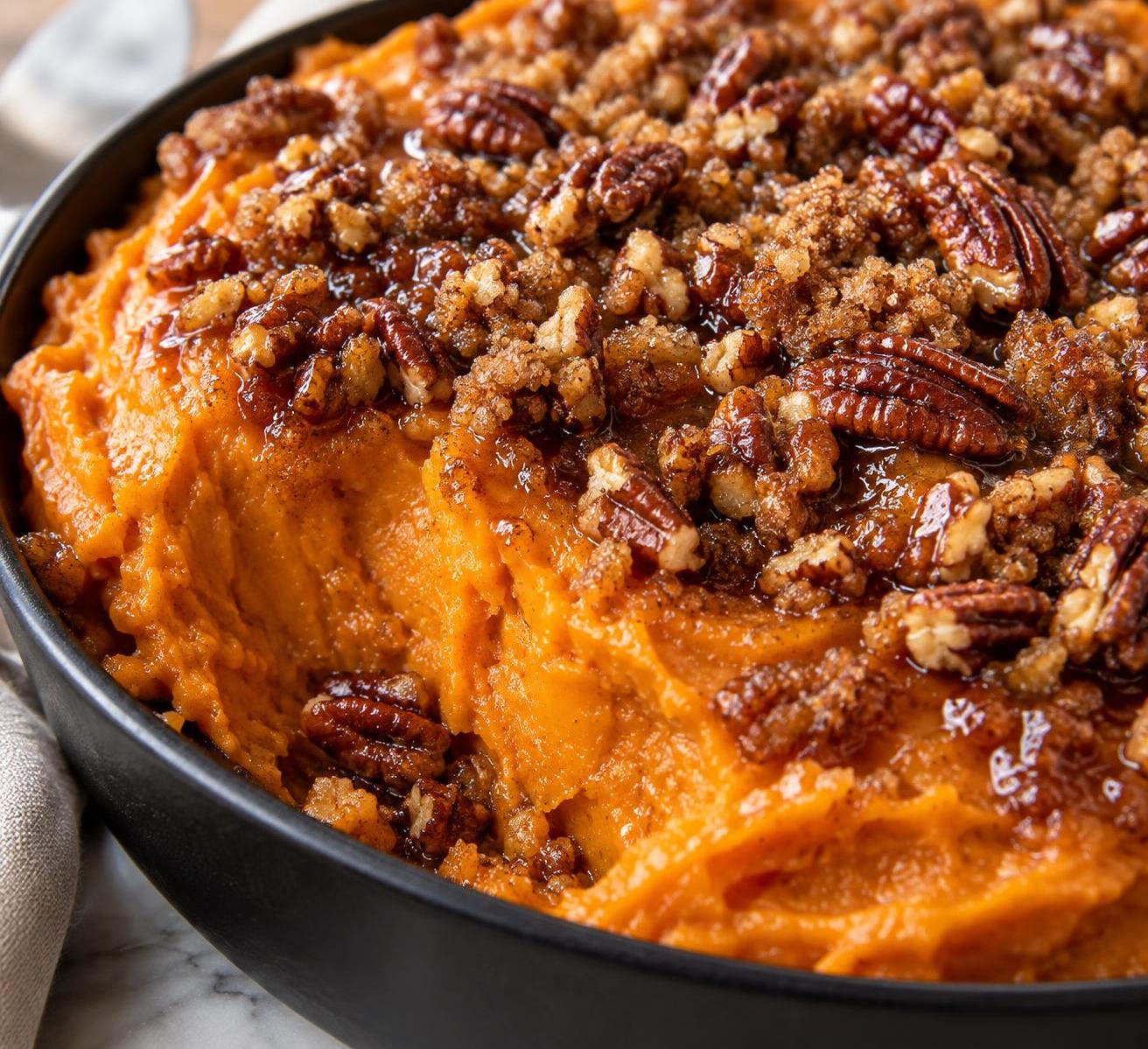 Baked Sweet Potatoes with Southern Comfort and Pecan Crumble