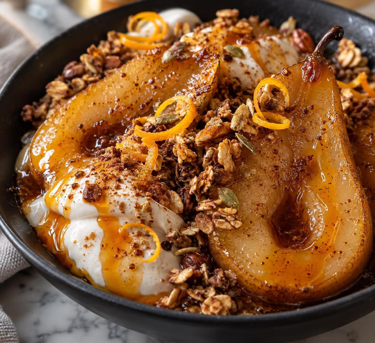 Chai-Poached Pears with Spiced Orange Drizzle and Crunchy Granola