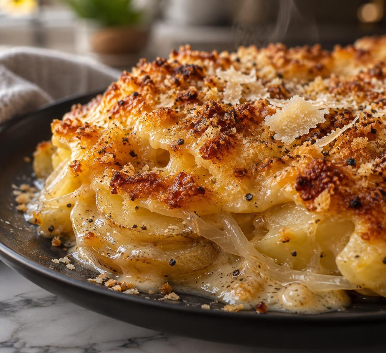 Cheesy Au Gratin Potatoes with Onions and Parmesan Crust