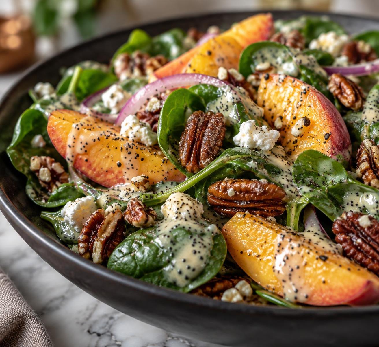 Peach and Pecan Spinach Salad with Poppyseed Dressing