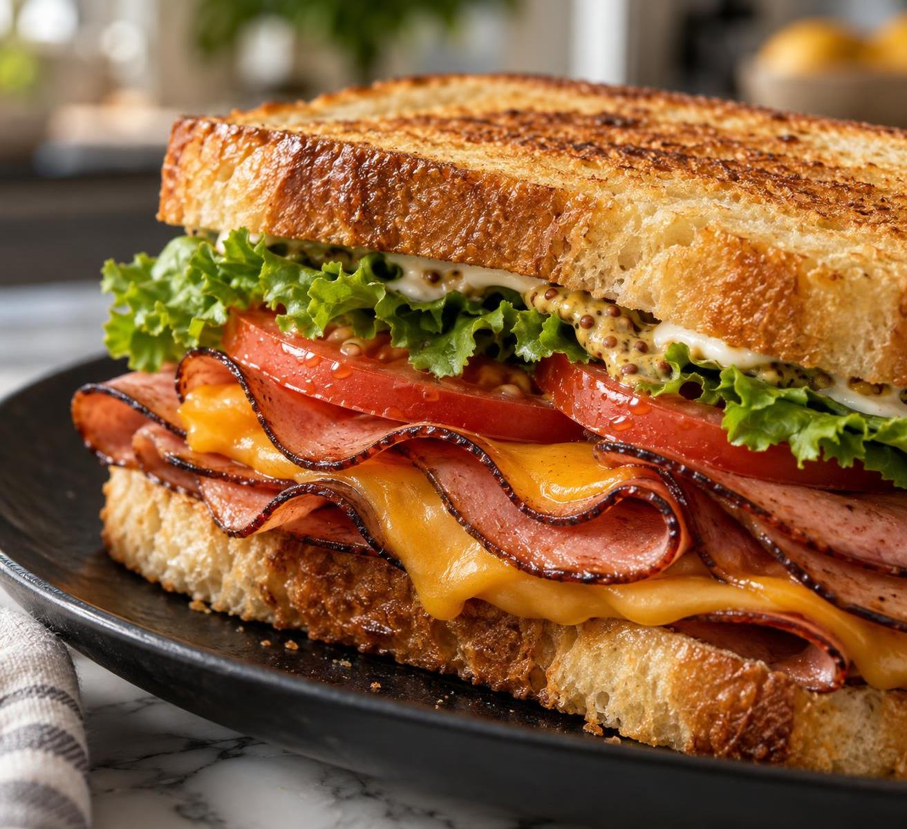 Air Fryer Bologna Sandwich with Cheddar, Tomato, and Lettuce