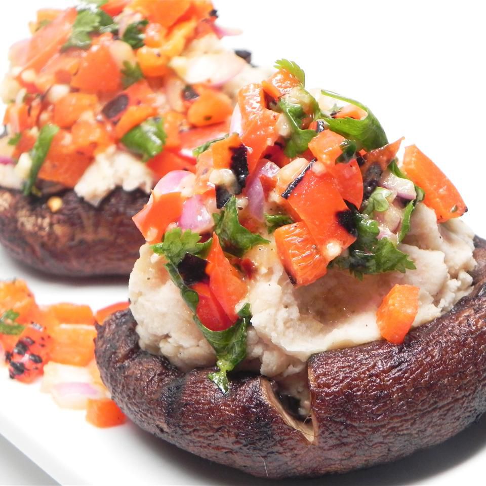 Charred Portobello Caps with Creamy Cannellini Mash and Harissa-Style Pepper Sauce