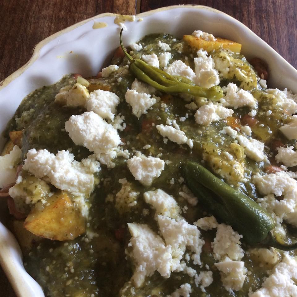 Tomatillo-Smothered Potato & Pinto Bean Enchiladas
