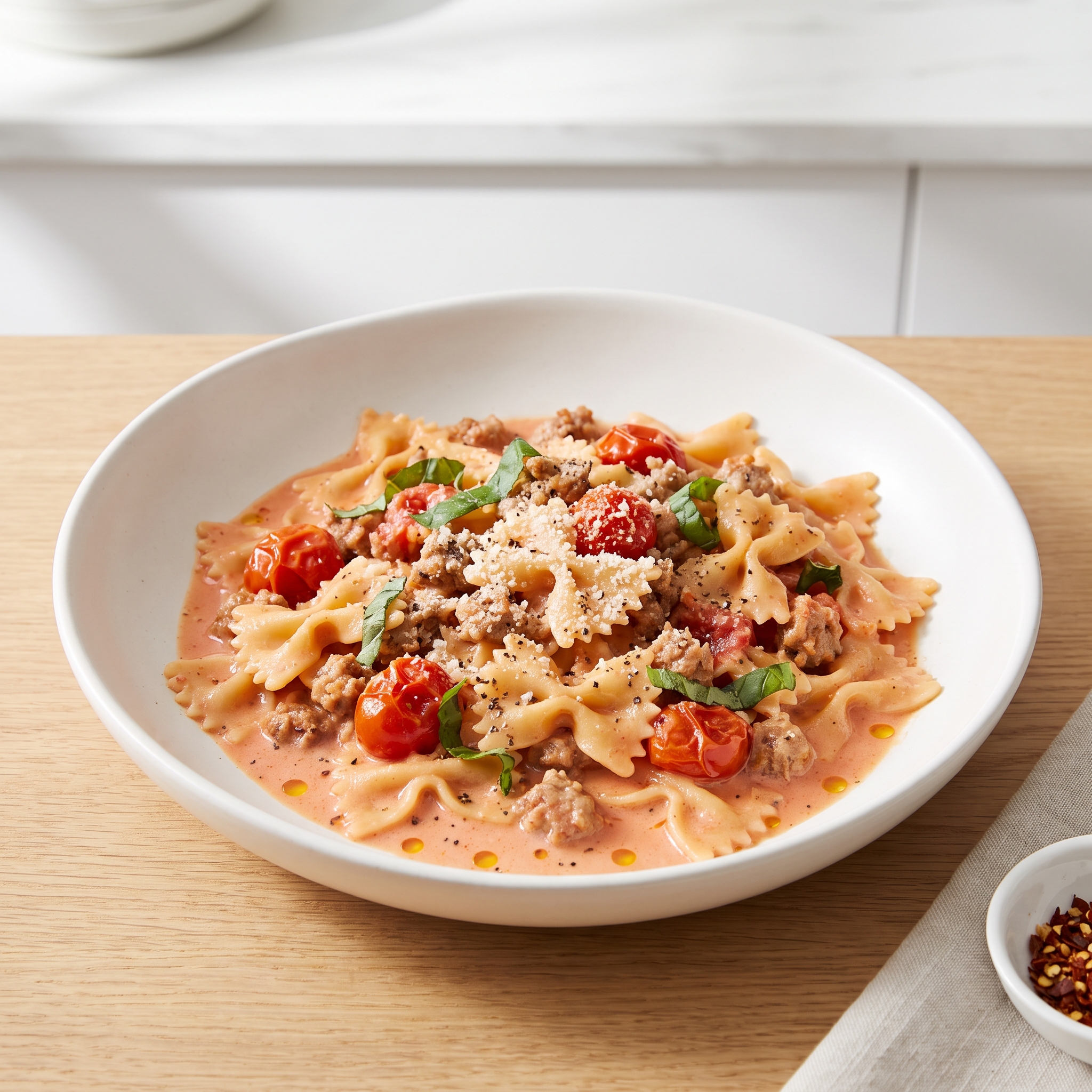 Bow Ties with Sausage, Tomatoes, and Cream