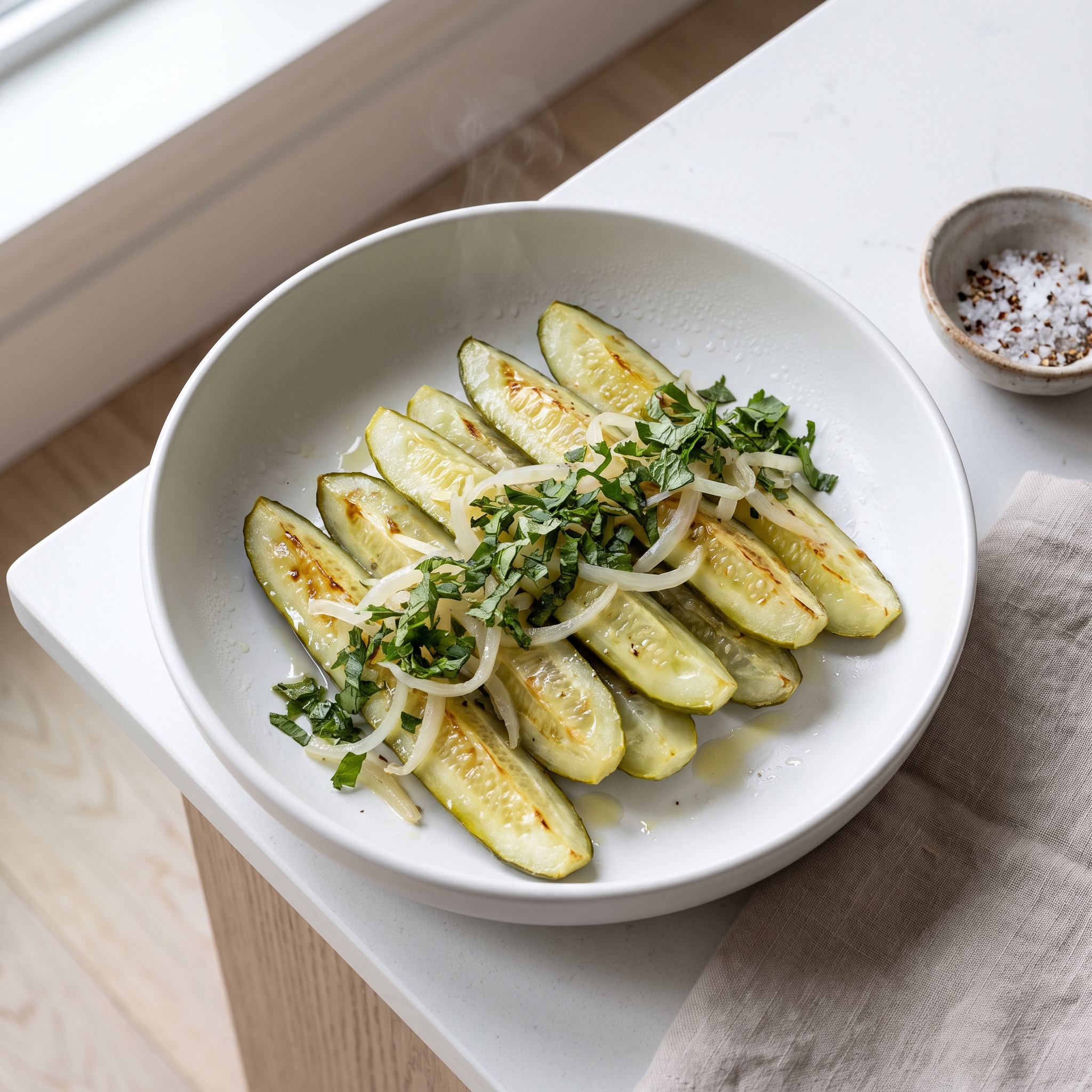 Roasted Cucumbers with Onions and Herbs