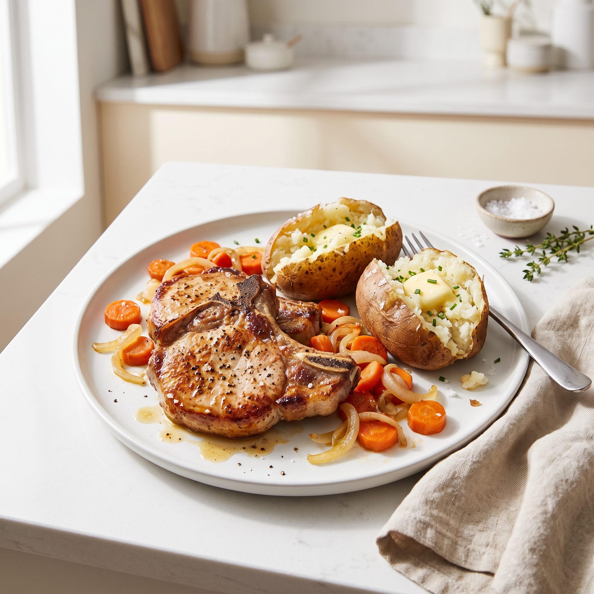 Pressure Cooker Bone-In Pork Chops, Baked Potatoes, and Carrots