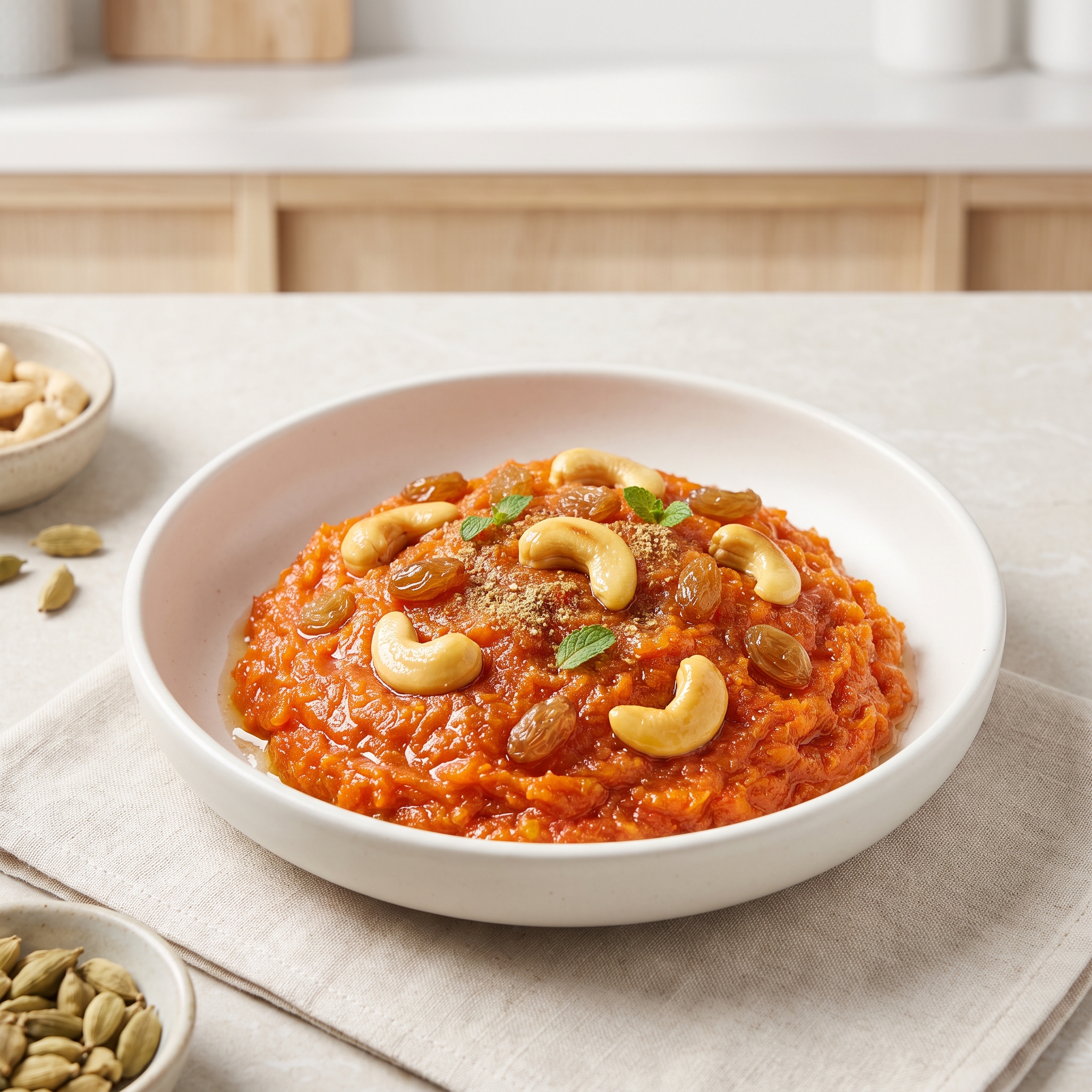 Milk-Reduced Carrot Halwa with Cashews and Raisins