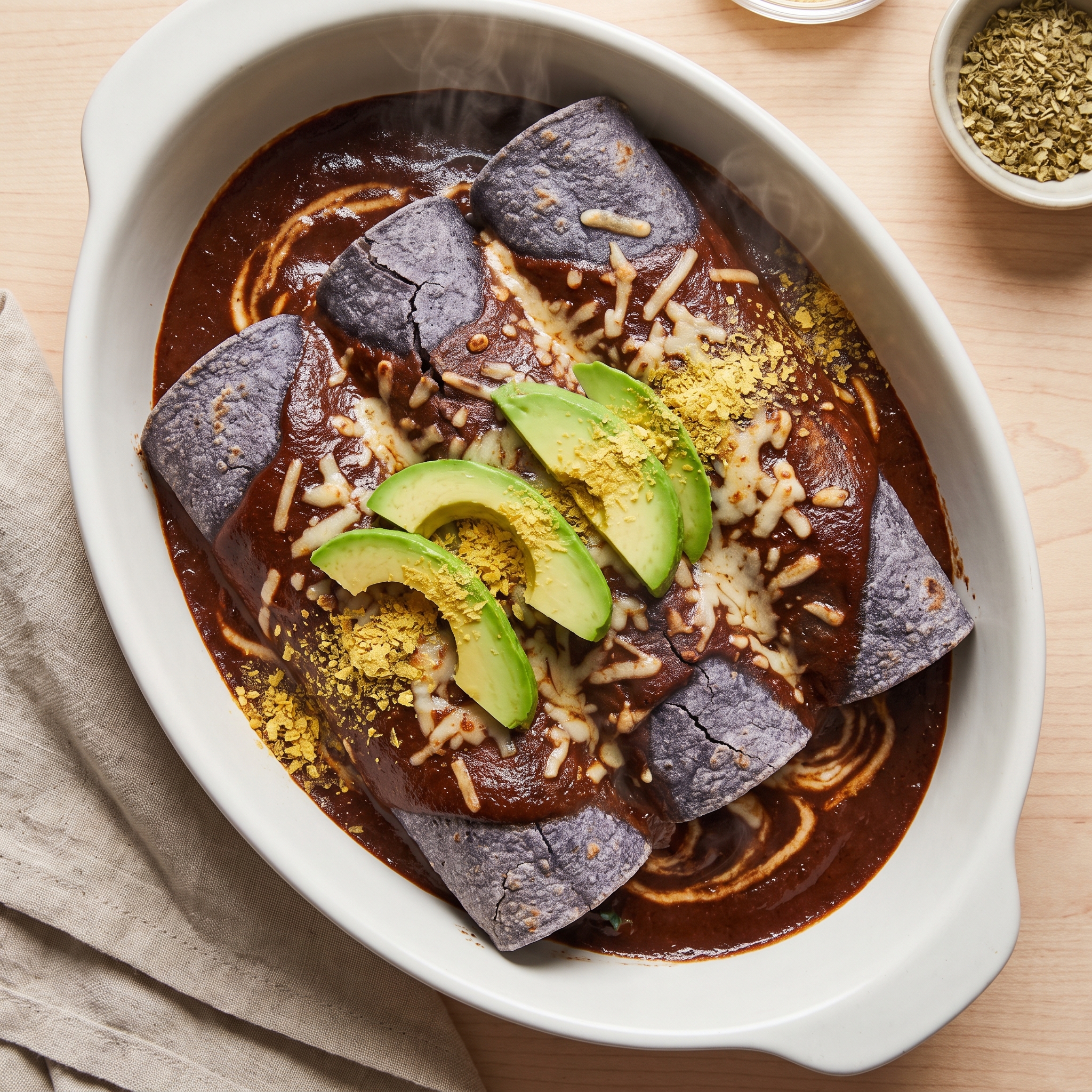 Plant-Based Pasilla Enchiladas with Avocado and TVP
