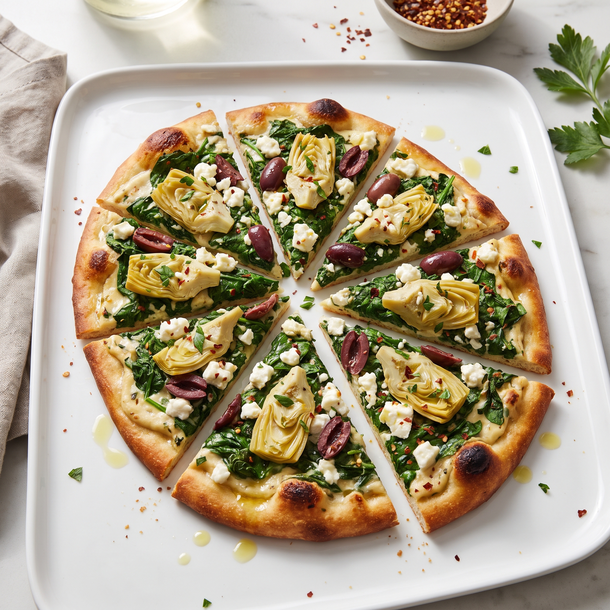Greek-Inspired Spinach and Artichoke Flatbread