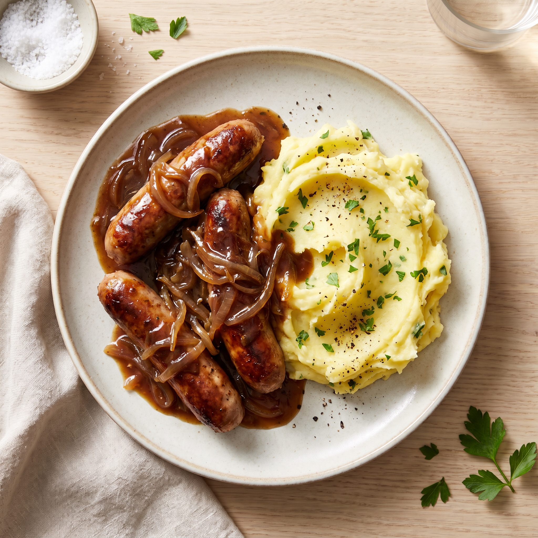 Classic Bangers & Mash with Rich Onion Gravy