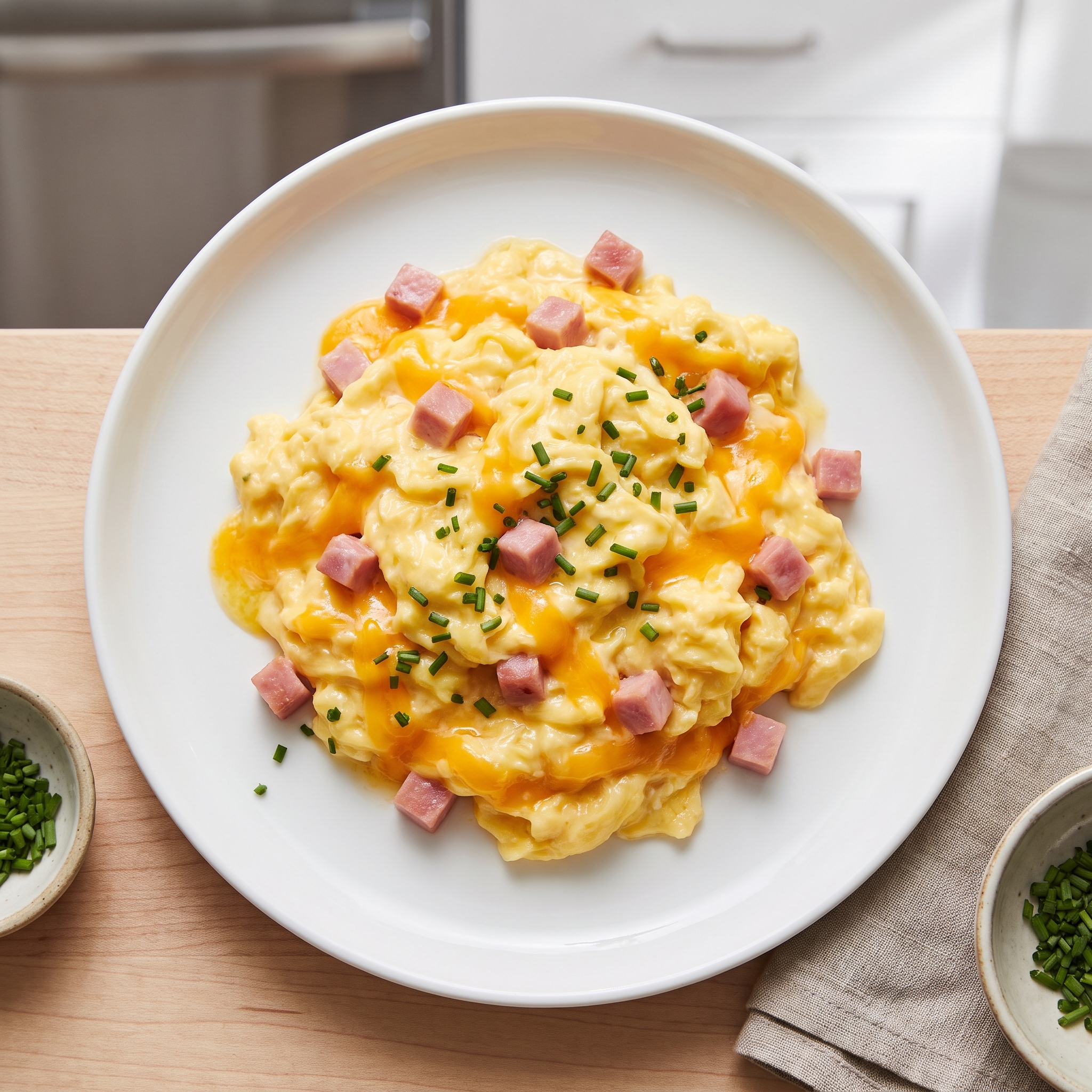 Creamy Ham and Cheddar Scrambled Eggs