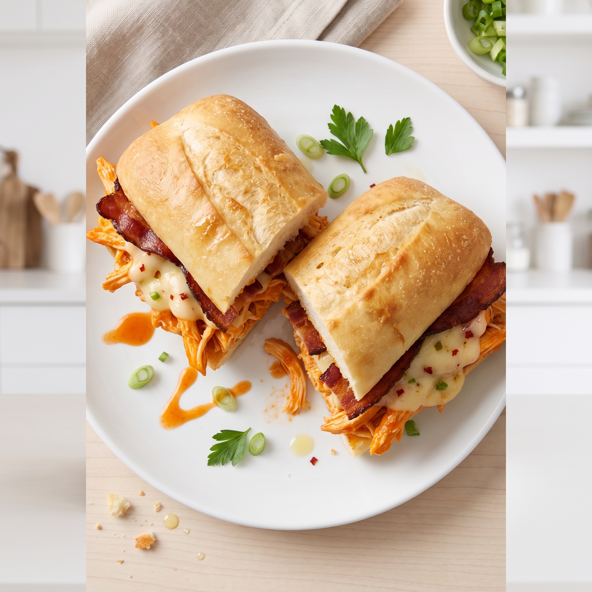 Hot Buffalo Chicken, Bacon, and Cheese Sandwich