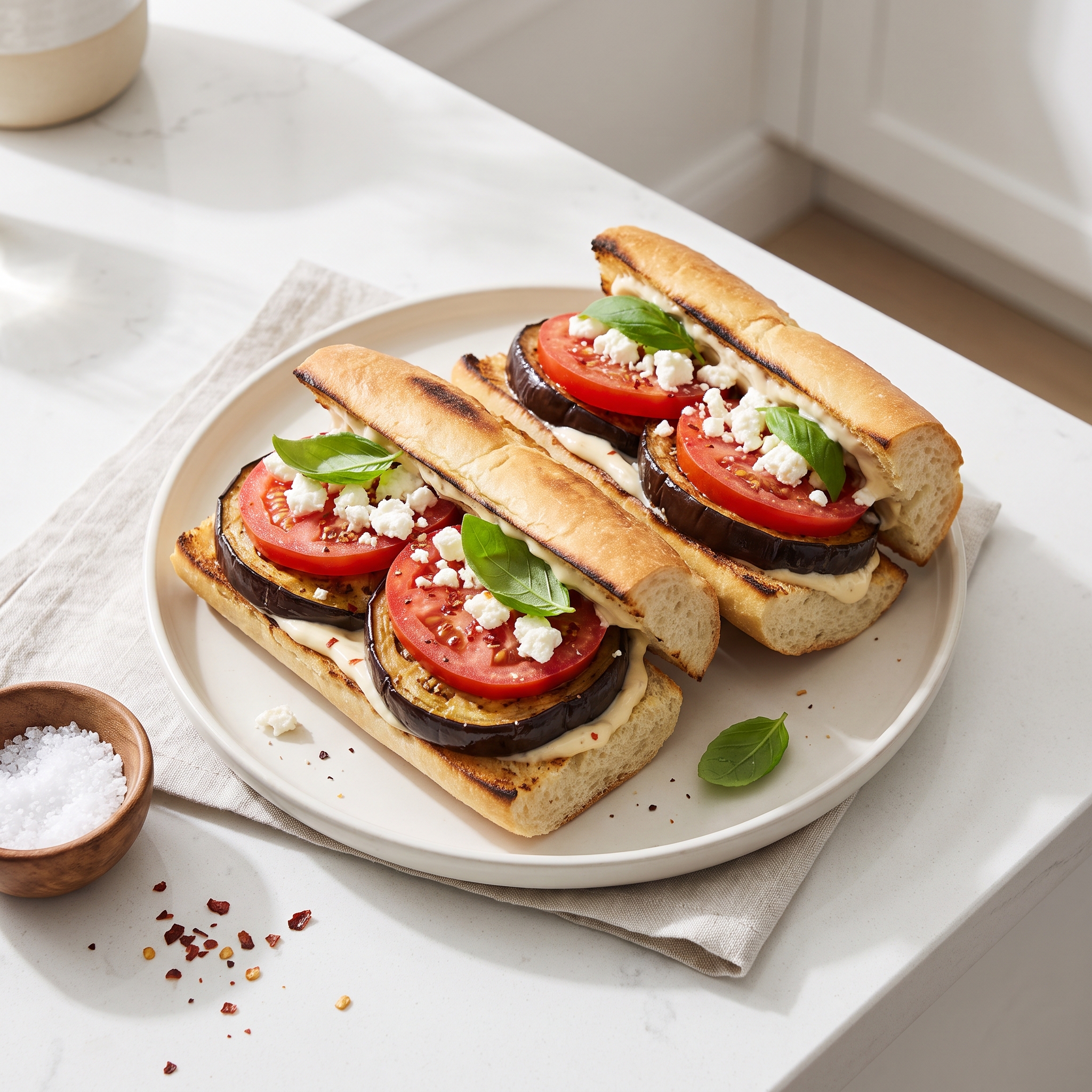 Broiled Eggplant Roll Sandwiches with Feta and Basil