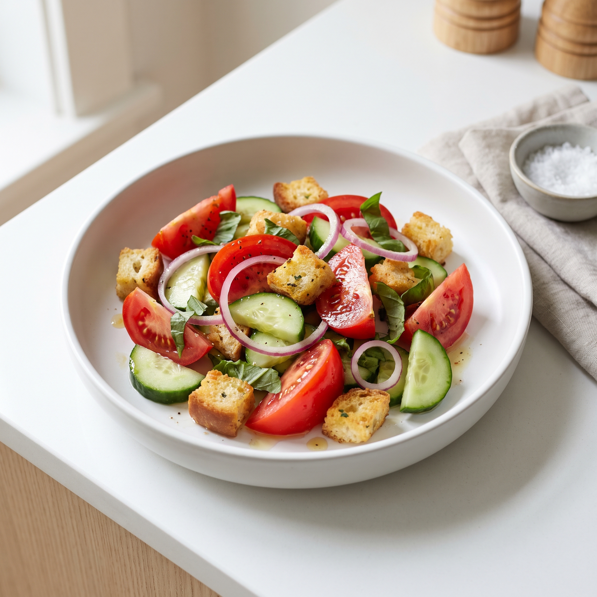 Tomato Cucumber Salad with Garlic Butter Croutons and Red Onion