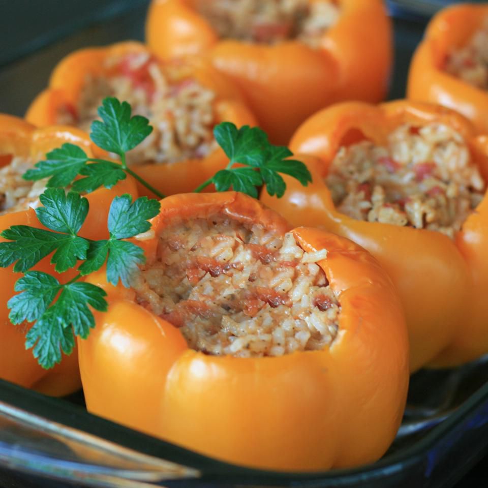 Orange Bell Peppers Stuffed with Turkey and Gouda