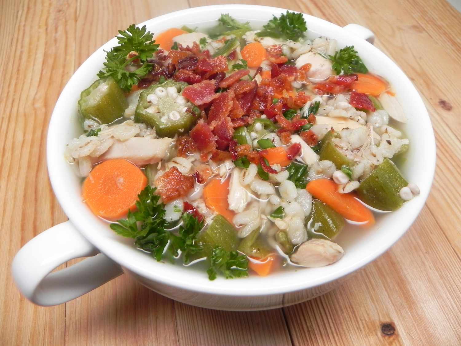 Hearty Turkey, Okra, and Barley Soup with Bacon