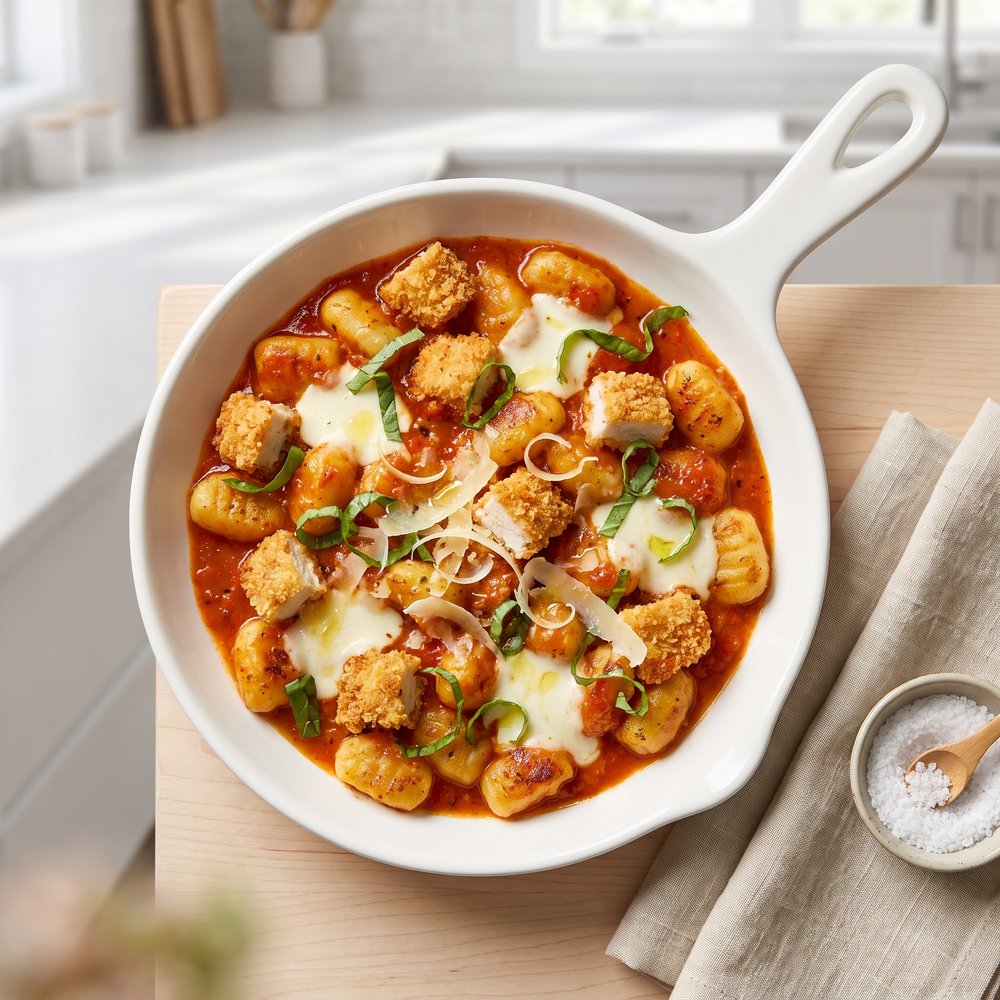 30-Minute Cozy Skillet with Aldi Tomato-Basil Gnocchi and Chicken Bites