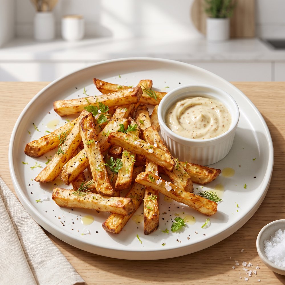 Air-Fried Celeriac Fries with Tangy Mustard-Horseradish Dip