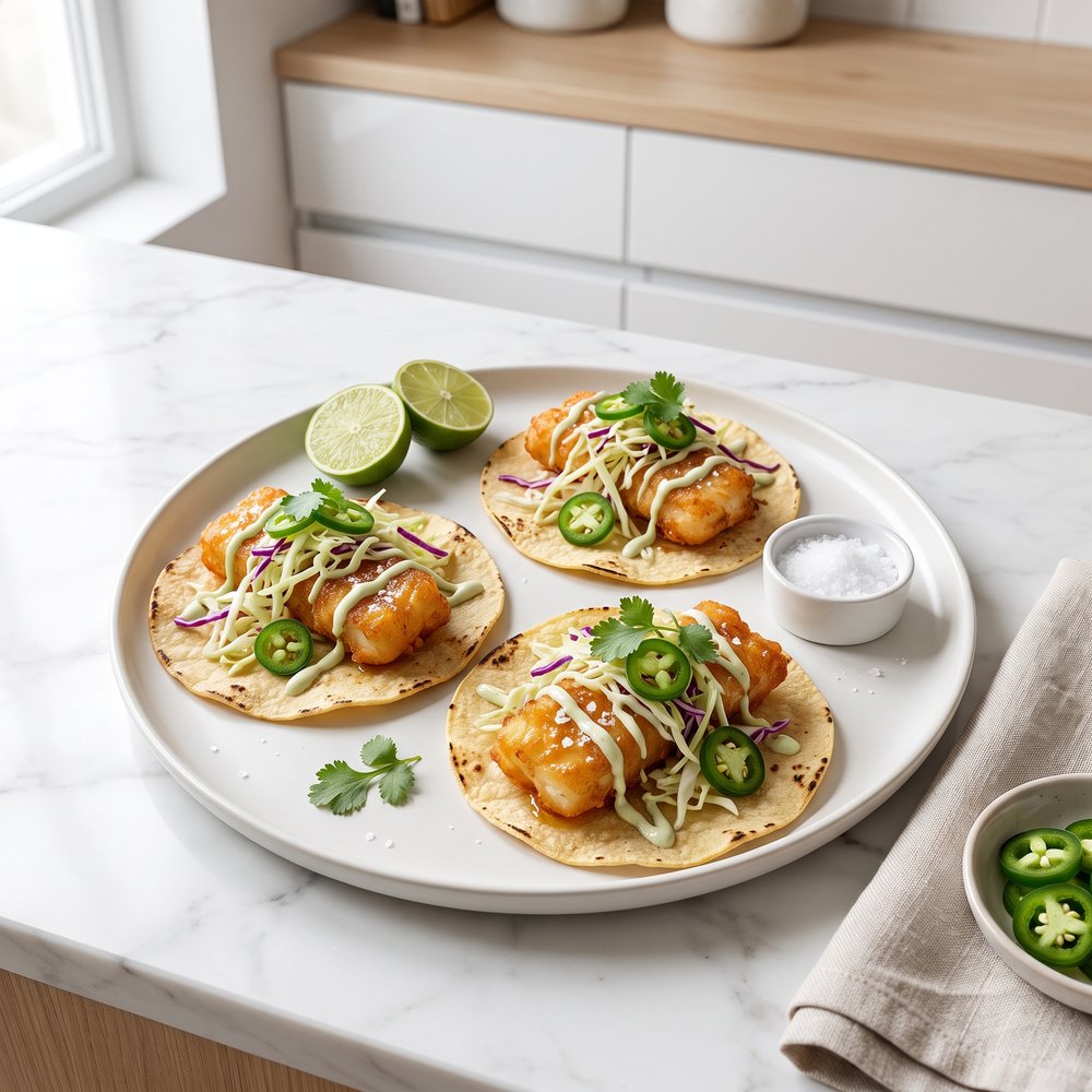 Air-Fried Crunchy Fish Tacos with Lime Slaw
