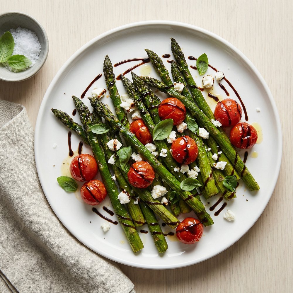 Air-Fried Asparagus and Cherry Tomatoes with Balsamic Drizzle